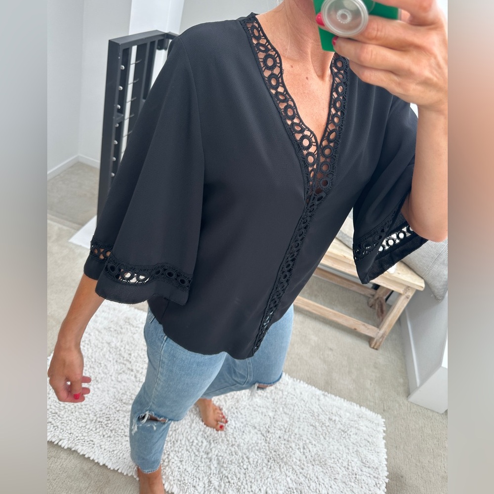 Black Lace Trim Blouse Womens Boho Chic Flowy Top Date Night Casual | Size S - Picture 7 of 13